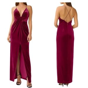 NWT Aidan Mattox V neck twist front gown magenta velvet open back plunge 0 XS